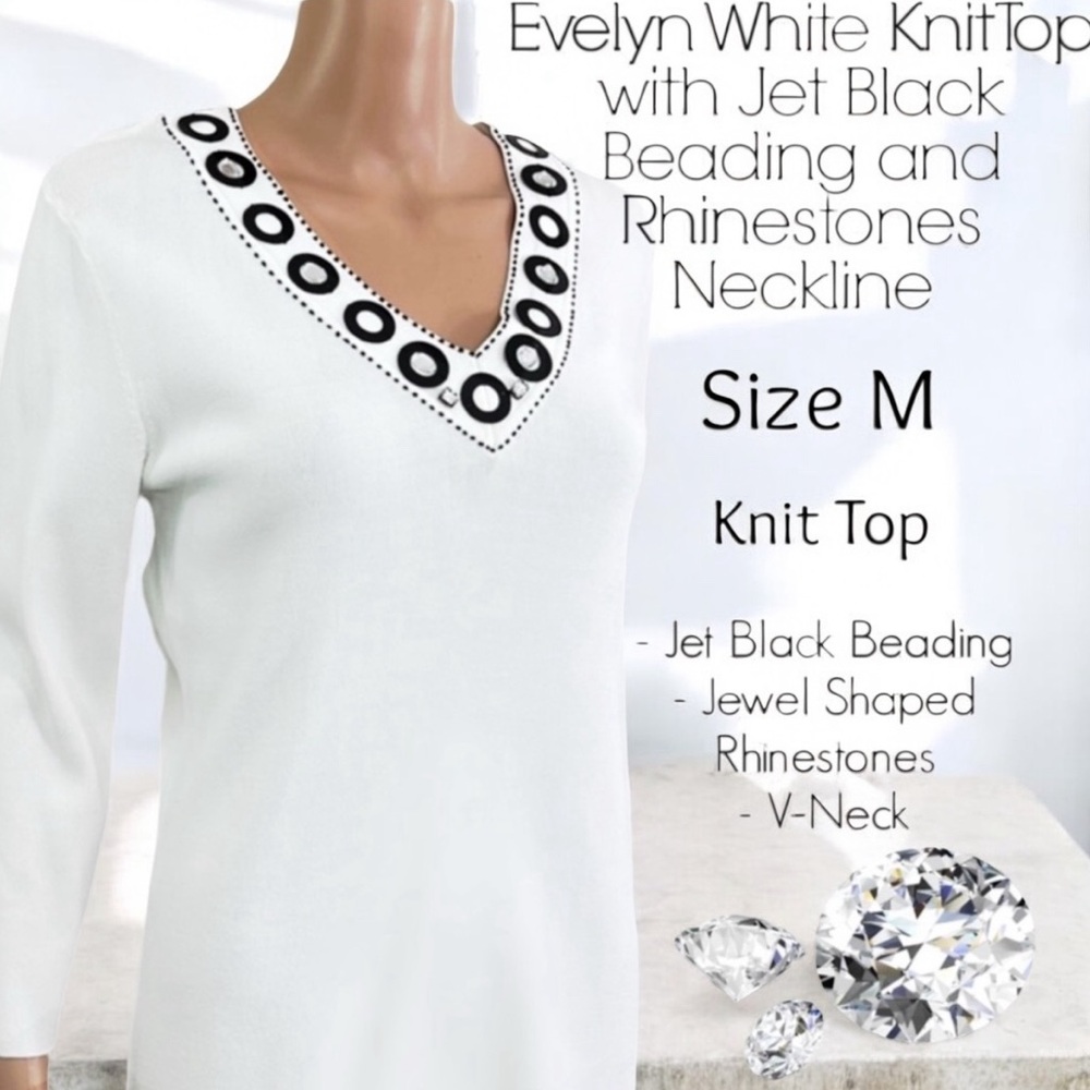 Evelyn White Knit Top with Jet Black Beading and Rhinestones